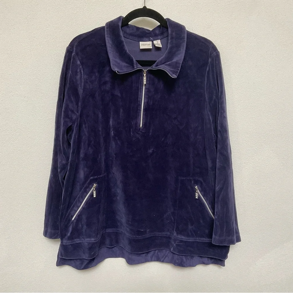 Zenergy by Chicos Purple Velour Quarter Zip Jacket Silver Zippers Size 3 XL/16